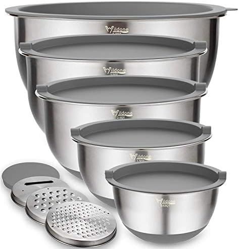 Mixing Bowls Set of 5, Wildone Stainless Steel Nesting Bowls with Grey Airtight Lids, 3 Grater Attac | Amazon (US)