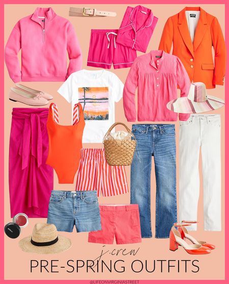 Cute new pre-spring outfit arrivals from J. Crew! Loving this colorful pink and orange sweatshirt, sunset tee, orange blazer, colorful tee, bright pink pajamas, jean shorts, straw hat, striped sun hat, pareo, beach tote, ballet flats, colorful shoes, and board shorts!
.
#ltksalealert #ltkunder50 #ltkunder100 #ltkstyletip #ltktravel #ltkswim #ltkseasonal #ltkitbag #ltkhome #ltkcurves #ltkworkwear #ltkgiftguide vacation outfits, resort wear, beach outfits ideas 

#LTKsalealert #LTKswim #LTKunder50