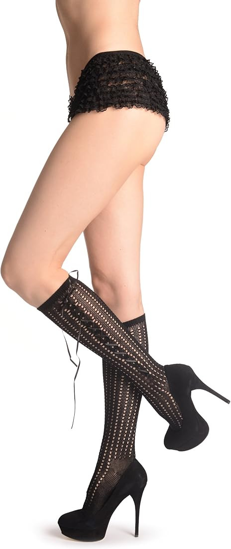 LissKiss Black Crochet With Side Corset Ribbon - Over The Knee Socks | Amazon (US)