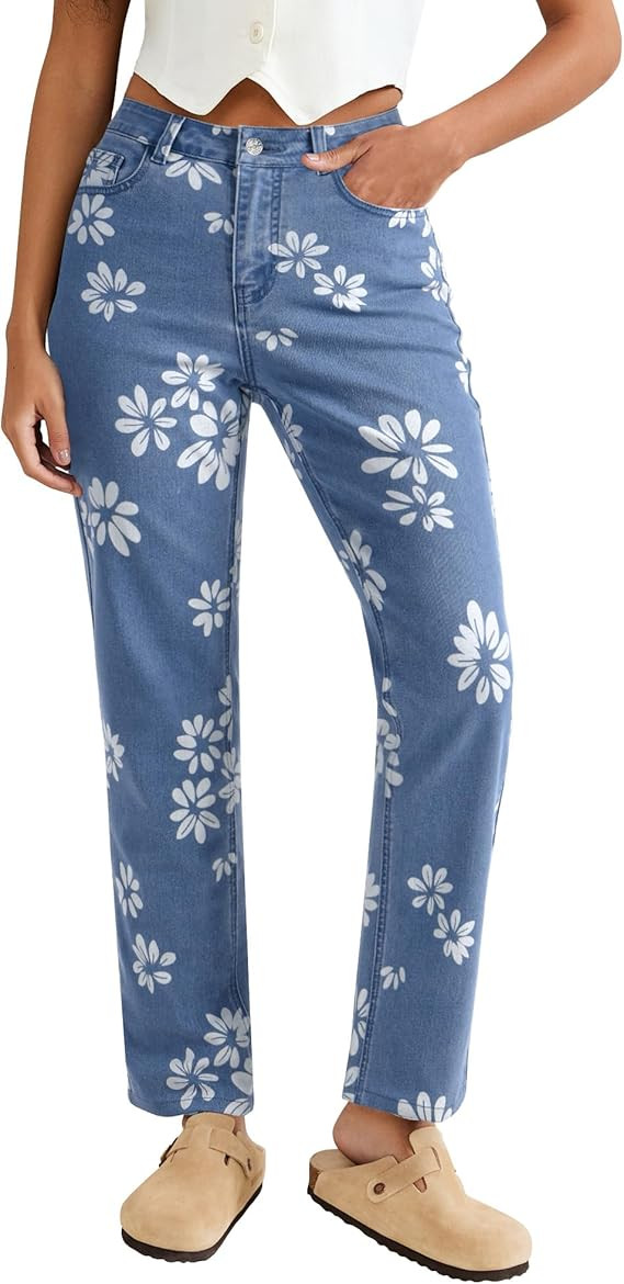 luvamia Straight Leg Jeans for Women Floral Printed High Waisted Trendy Cute Vintage Stretchy Den... | Amazon (US)