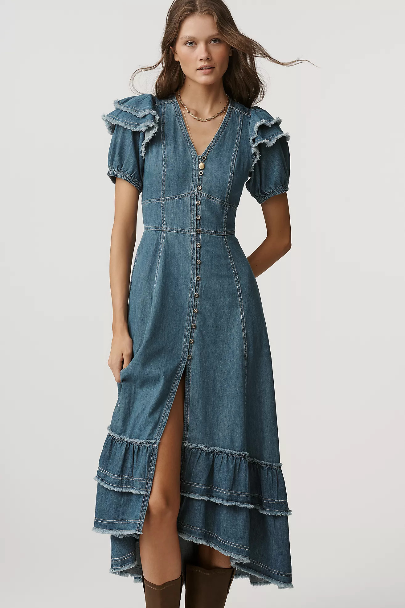 Pilcro Short-Sleeve Ruffled Midi Shirt Dress | Anthropologie (US)