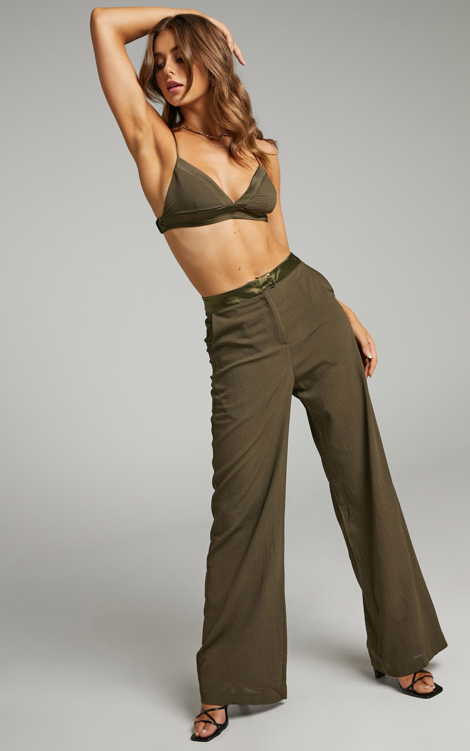 Browielyn Contrast Satin Tailored Wide Leg Pant in Olive | Showpo | Showpo - deactived