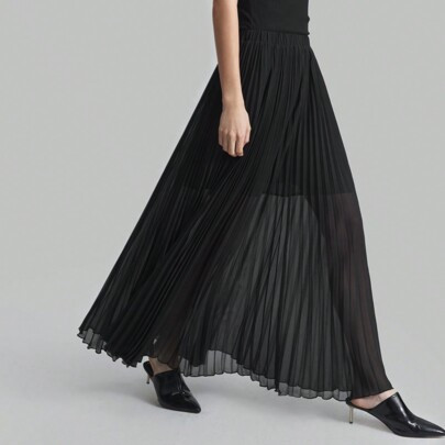 Black Pleated Skirt For Women, Business Casual Chiffon High Waist Skirt, Elegant Autumn/Winter/Back To School Outfit | SHEIN