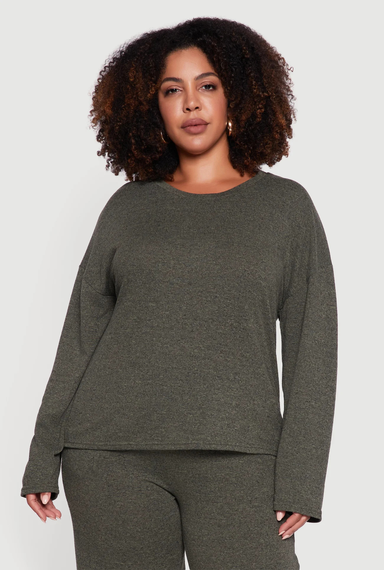 Plus Size Brushed Knit Pullover Long Sleeve Crew Neck Top | Rainbow Shops