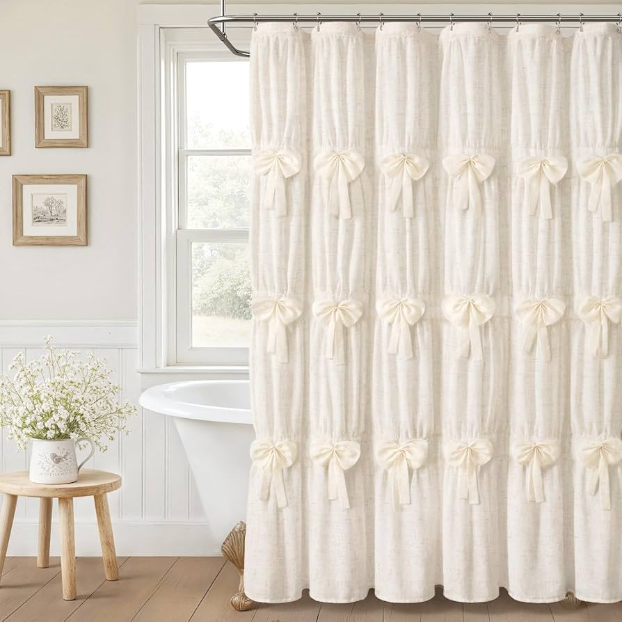 Vintage Ruffle Shower Curtain with Cute Bow - Linen Textured Farmhouse Shower Curtain for Bathroo... | Amazon (US)