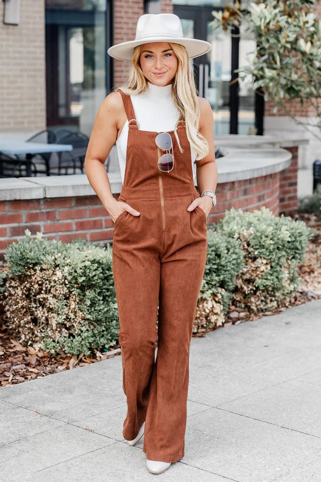 Perfect For You Brown Corded Zip Up Overalls | Pink Lily