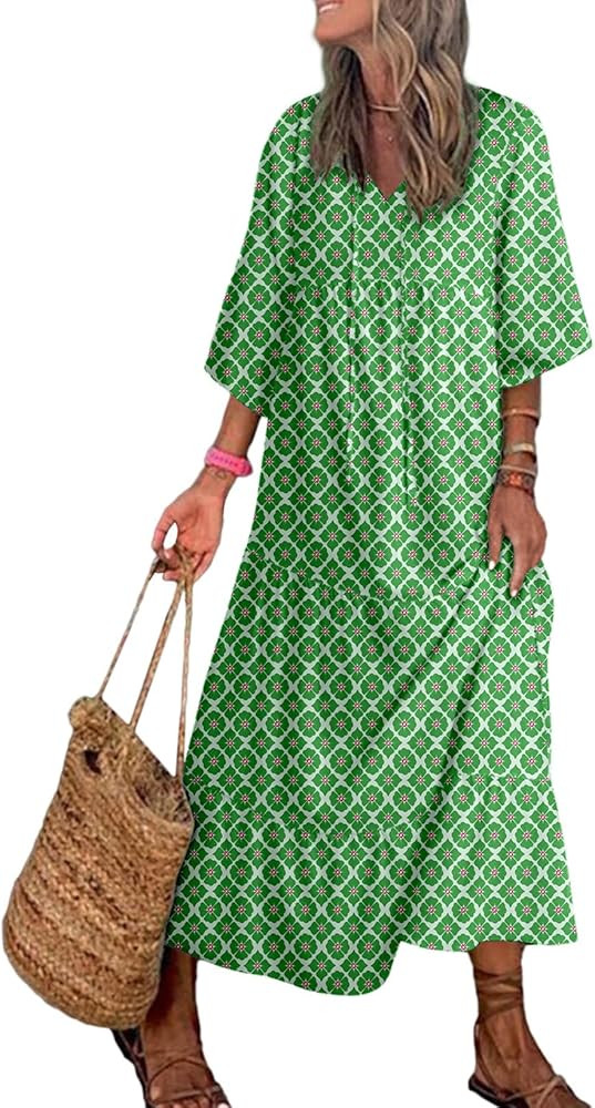 Dokotoo Women Boho Maxi Dresses 2025 V Neck Long Puff Sleeve Smocked Ruffle Flowy Casual Dress | Amazon (US)