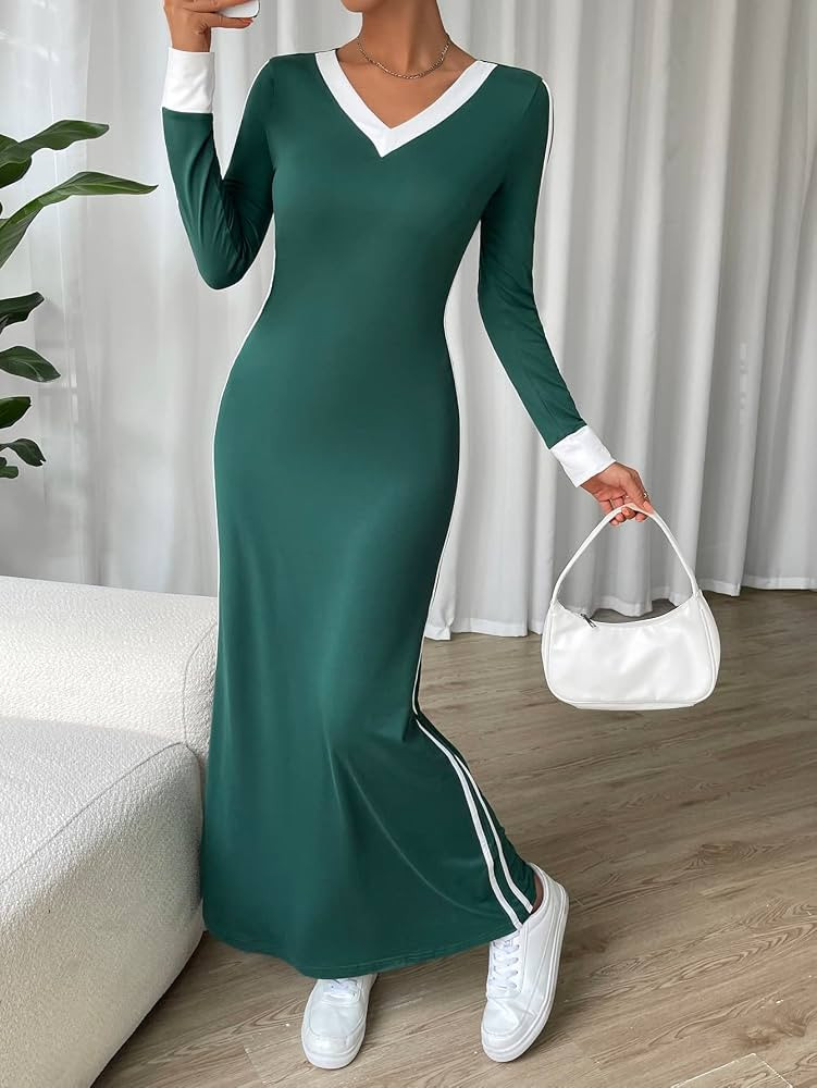 2023 Women's Dresses Contrast Trim V Neck Dress Women's Dresses (Color : Green, Size : Medium) | Amazon (US)