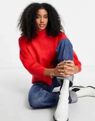 River Island rib sleeve high neck sweater in red | ASOS (Global)