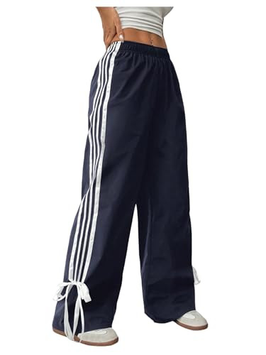 WDIRARA Women's Petite Side Striped Bowknot Track Pants Elastic Waist Wide Leg Baggy Sweatpants S... | Amazon (US)