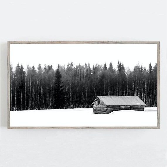 Samsung Frame TV Art, Black and White Art, Winter Wall Art, Modern Farmhouse Decor, Log Cabin in ... | Etsy (US)