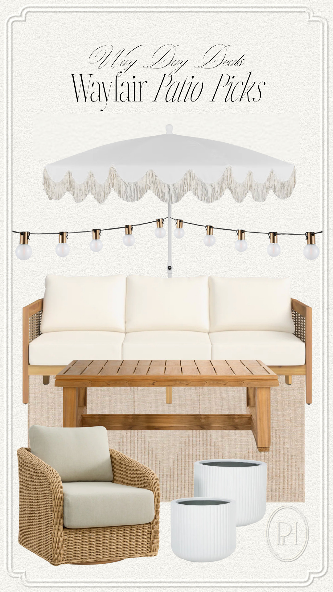My top picks for the patio on sale now with Wayfair's Way Day Deals!

patio umbrella, white umbrella, outdoor umbrella, bistro lights, cafe lights, string lights, patio lighting, outdoor lights, outdoor umbrella, neutral outdoor rug, white planter pots, wicker chair, outdoor chair, patio chair, swivel chair, patio sofa, outdoor sofa, outdoor couch, patio couch, neutral patio, outdoor coffee table, teak coffee table, fringe umbrella 

 #LTKSeasonal #LTKHome #LTKSaleAlert