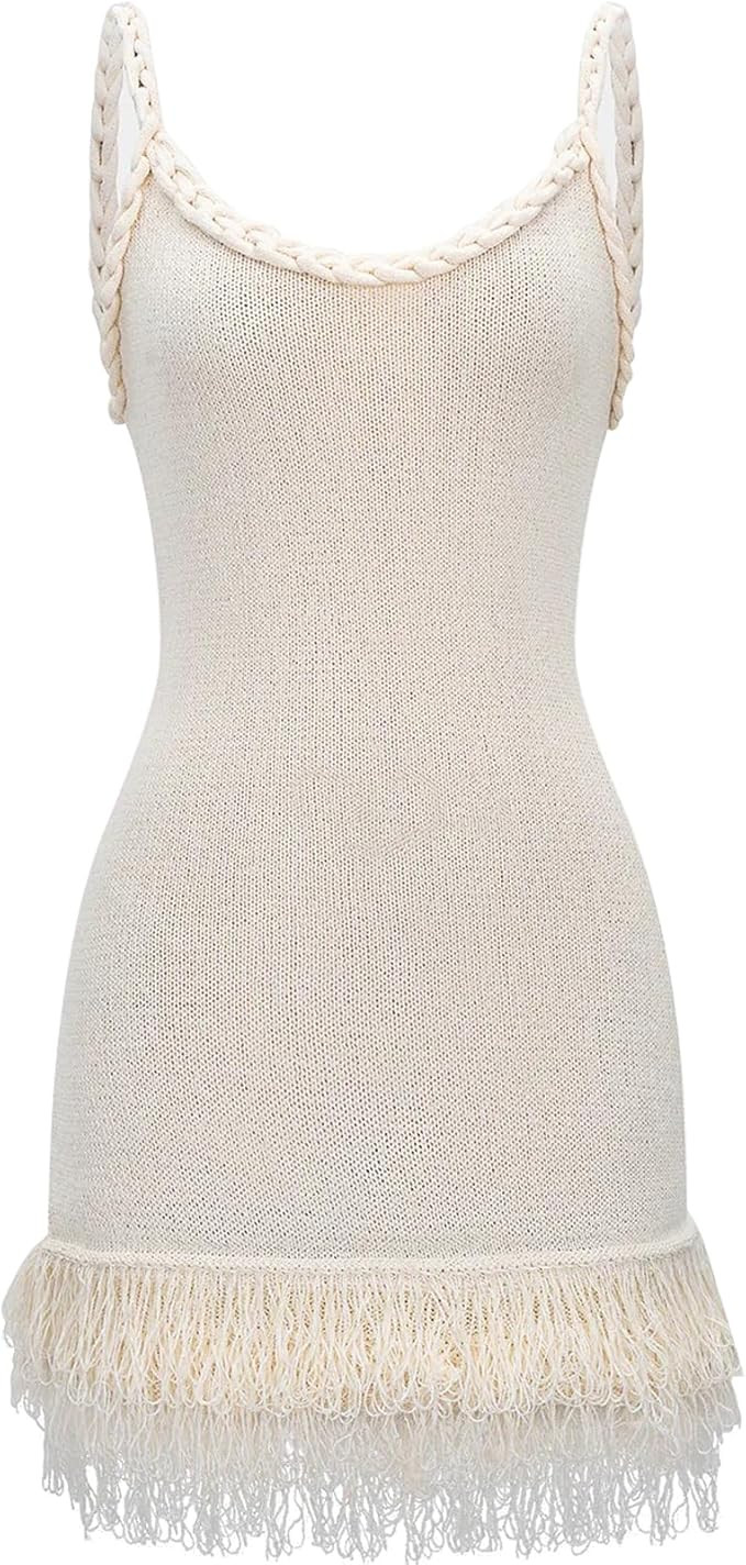 Women’s Knitted Sleeveless Mini Dress Slim Fit Fringe Hem Summer Beach Vacation Outfit | Amazon (US)