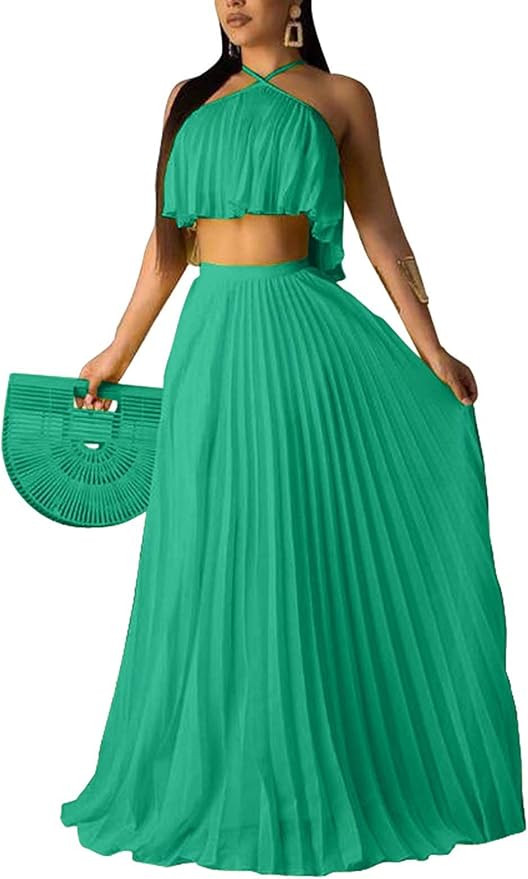 Aro Lora Women's Sexy Chiffon Sleeveless Ruffle Crop Top Pleated Long Skirt 2 Piece Maxi Dress | Amazon (US)