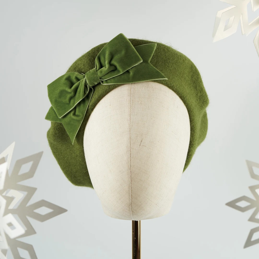 Moss Green Wool Felt Beret Hat with Green Velvet Ribbon Bow, Green French Beret Hat, Green Women'... | Etsy (Global)