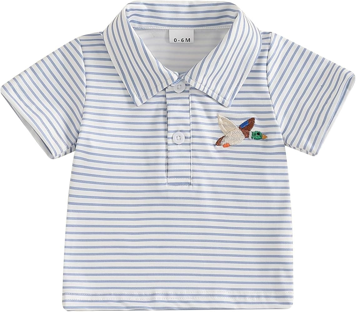 Toddler Baby Boys Girls Polo Shirt Mallard Duck Embroidery Striped Short Sleeve Lapel Button Down... | Amazon (US)