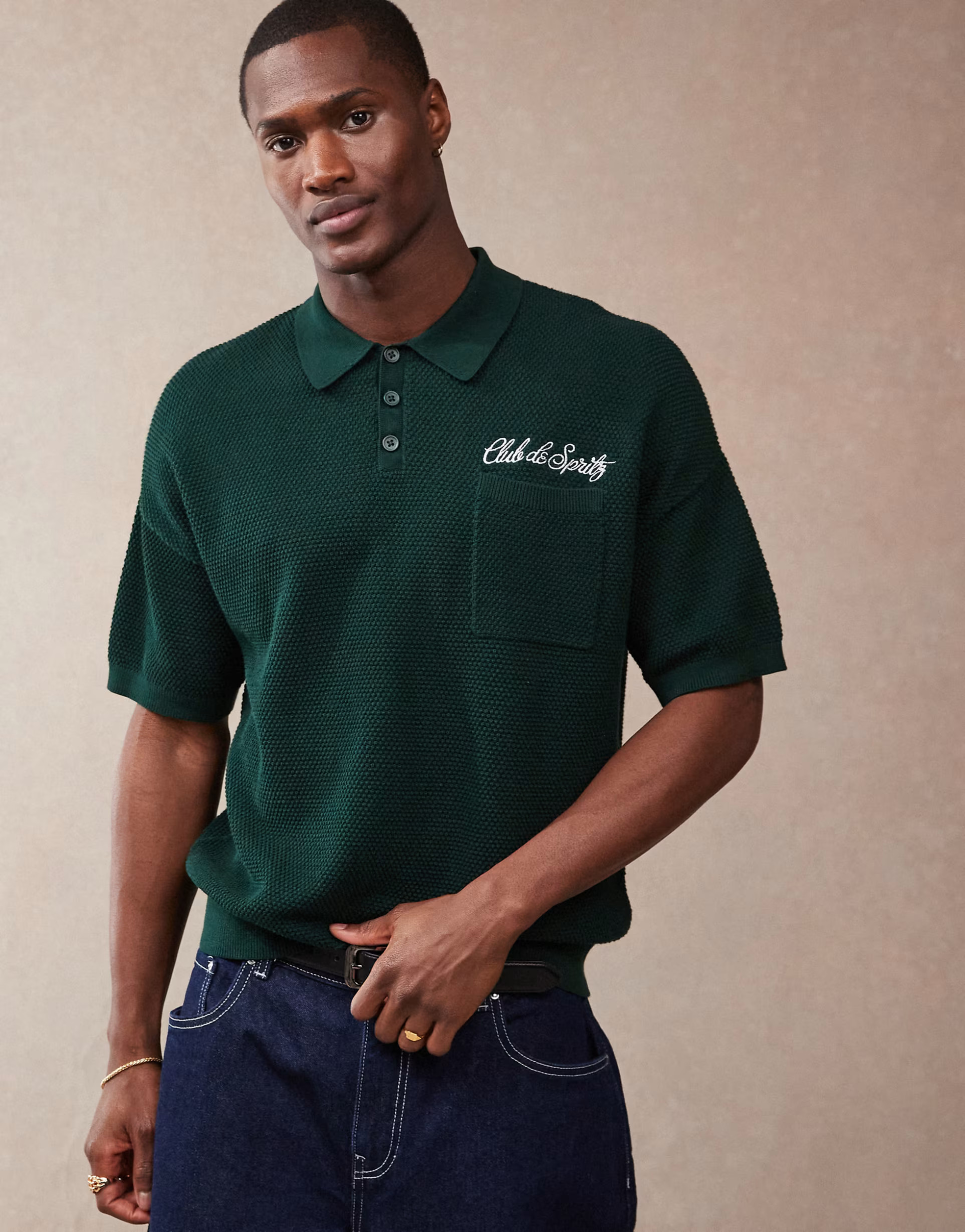 ASOS DESIGN relaxed boxy fit knitted polo with chest pocket and embroidery text in dark green | A... | ASOS (Global)