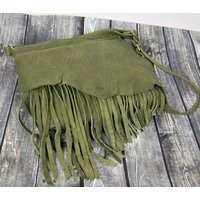 Green Leather Fringe Crossbody Bag Rustic Boho Hobo | Etsy (US)