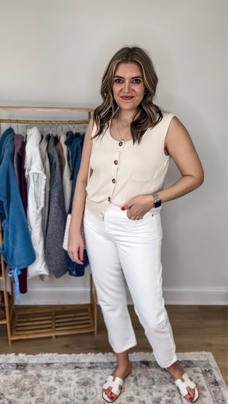 Amazon vacation outfits. @amazonfashion cream sweater vest and white Levi jeans! Vest fits tts. I sized up in the jeans. 

#LTKfindsunder100 #LTKmidsize #LTKfindsunder50