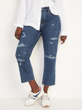 High-Waisted Slouchy Straight Cropped Ripped Dark-Wash Jeans for Women | Old Navy (US)