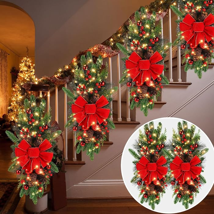 Lyrow 2 Pack 24" Christmas Stairway Swag with Lights, Red Ribbon     Christmas Wreaths with Light... | Amazon (US)