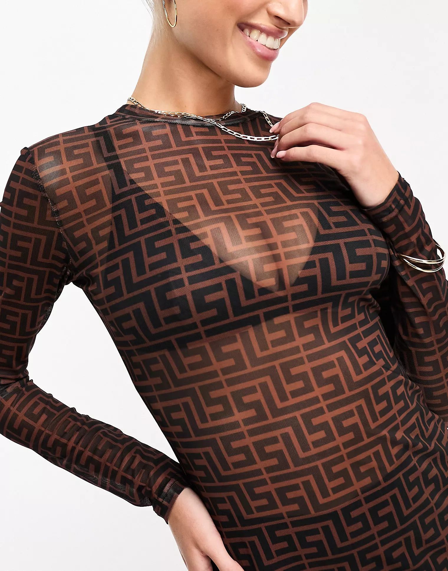 Simmi mesh maxi dress in brown geo print | ASOS | ASOS (Global)