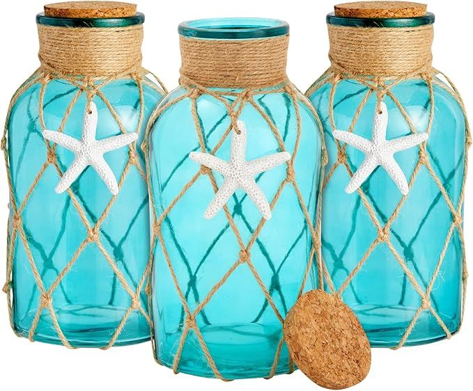 3 Pack Coastal Blue Glass Vase with Cork Lid, Rope and Starfish Accent, Beach Home Decor (4 x 8 i... | Amazon (US)