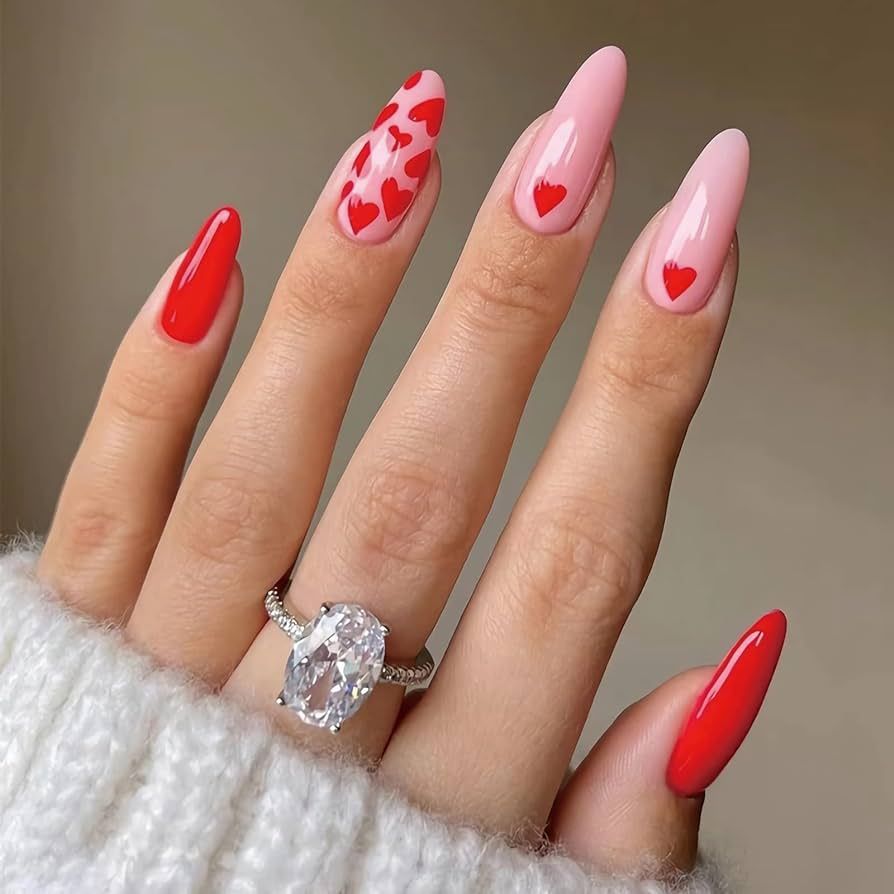 MISUD Press on Nails Medium Almond Fake Nails Pink Glossy Acrylic Nails Red Heart Pattern Nails Glue | Amazon (US)