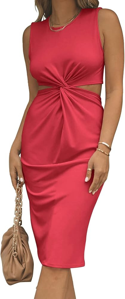 ANRABESS Women's Summer Crew Neck Sleeveless Cutout Twist Knee Length Bodycon Midi Dress | Amazon (US)