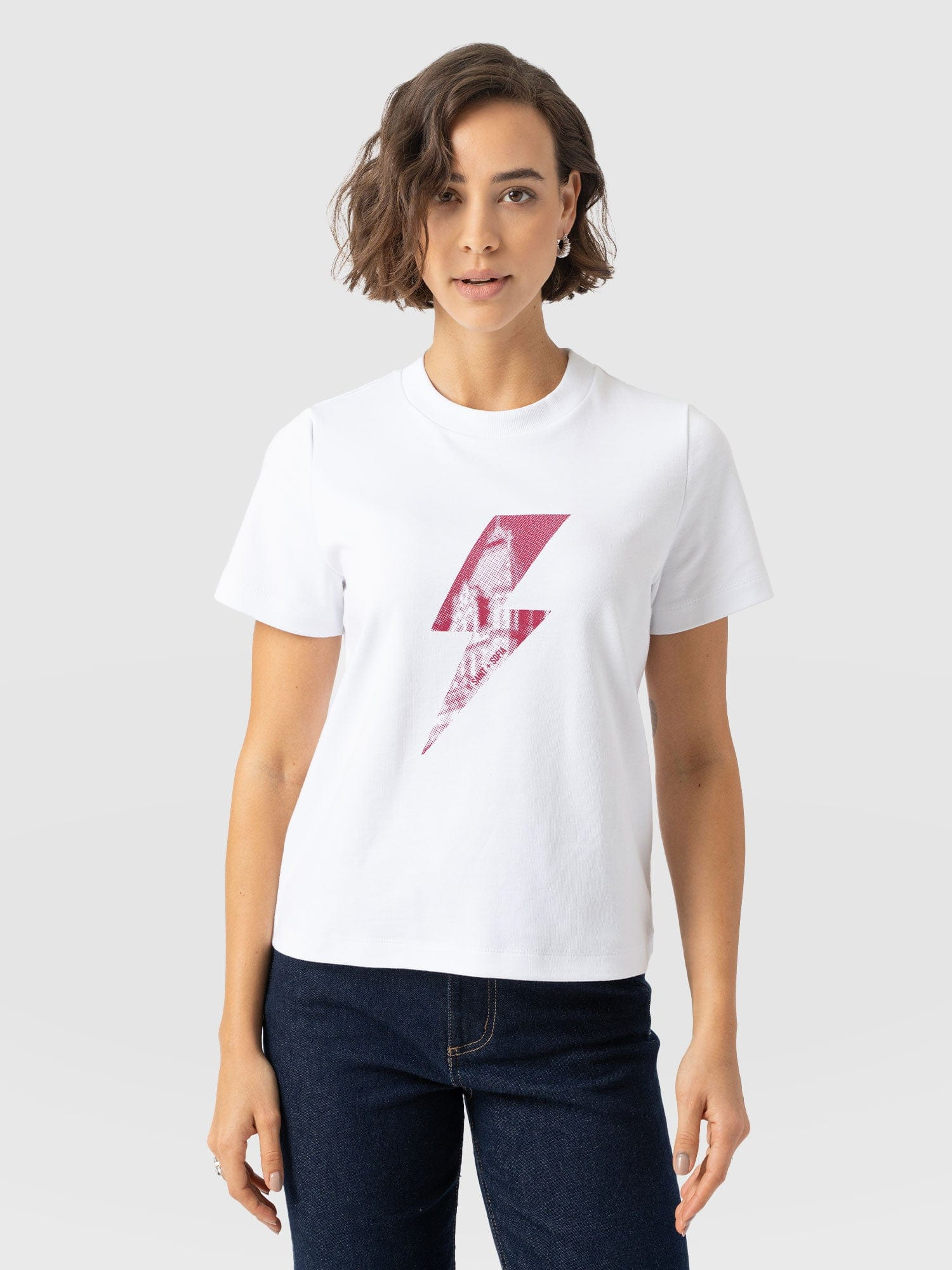 Chelsea Crew Neck Tee - White - Pink Lightning Bolt | Saint + Sofia