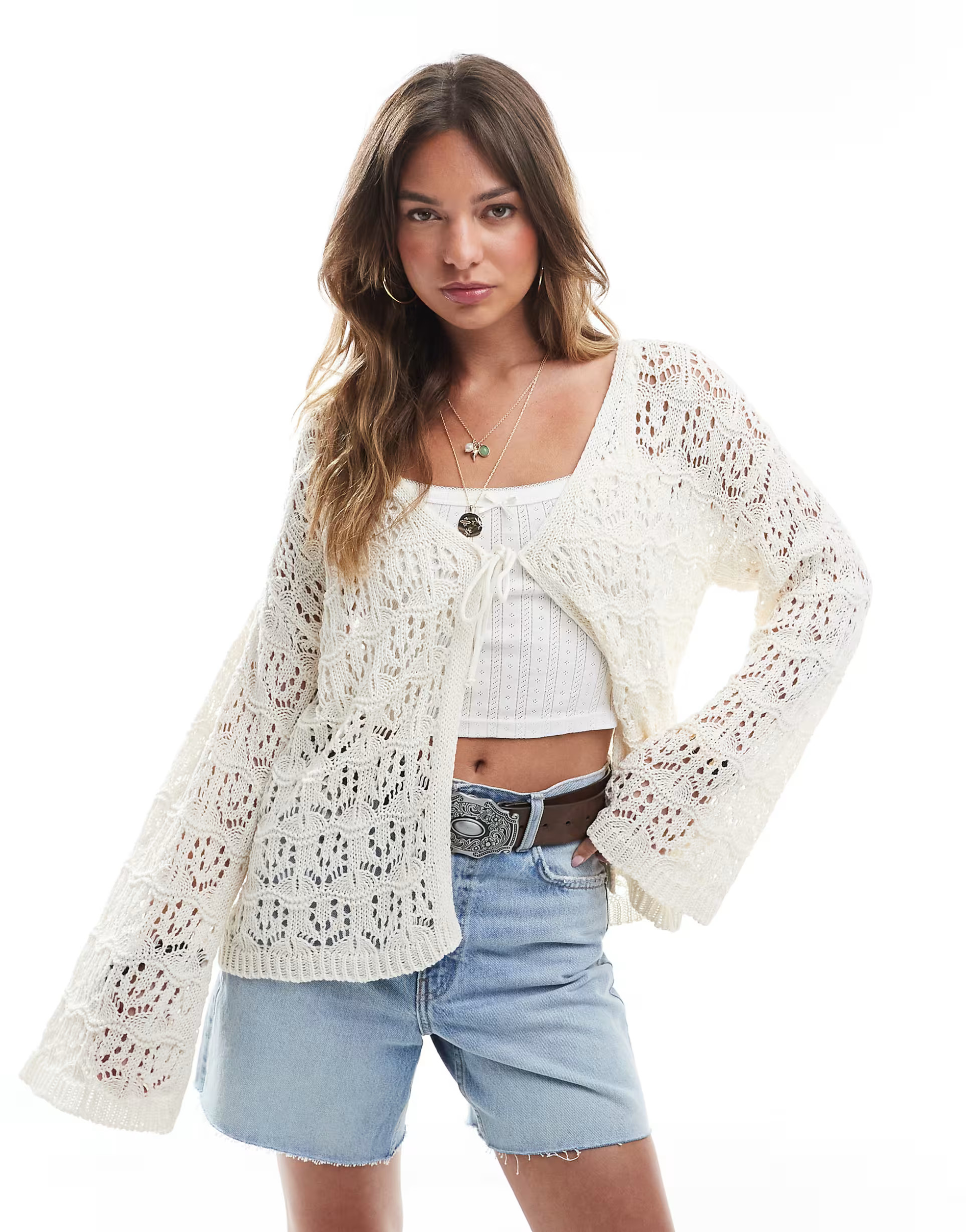 Miss Selfridge crochet tie front boho cardigan in cream | ASOS (Global)