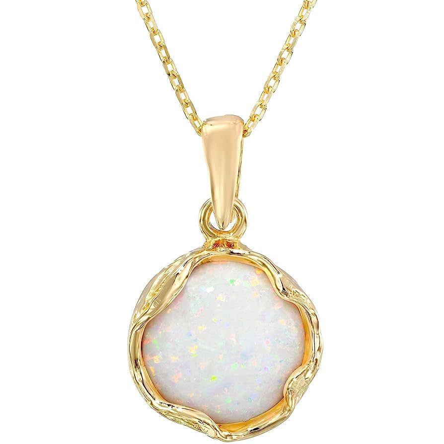 14K Gold Plated White Opal Necklace - 14K Gold Plated over 925 Sterling Silver, Dainty 12mm White... | Amazon (US)