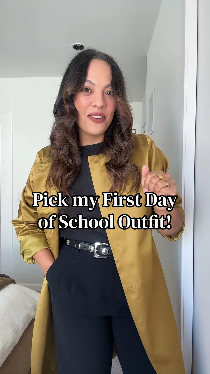 Help me pick my first day of school outfit!

Outfit one:
-Reformation chartreuse satin jacket, I have a size large.
-Aritzia high-rise black tailored trousers, I have a size 10.
-Quince black and silver studded belt. I have a size medium.
-Zebra-print kitten heels, similar option linked.

Outfit two:
-Aritzia black oversized blazer, I have a size 10.
-Aritzia white linen lace-trimmed skirt, I have a size large.
-Aritzia black T-shirt, I have a size medium.

Outfit three:
-Aritzia black silky top, I have a size medium.
-Aritzia burgundy plaid pleated midi skirt, I have a size medium.

Outfit four:
-Aritzia brown plaid midi skirt, I have a size 10.
-Aritzia white T-shirt, I have a size small.

#LTKfall #LTKworkwear #LTKstyletip