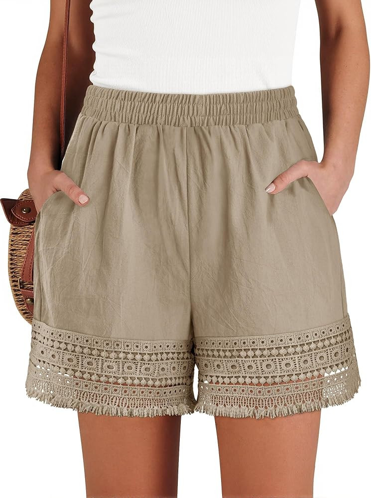 BETTE BOUTIK Womens Summer Shorts Casual Elastic Waist Lounge Shorts Linen Trendy Beach Shorts | Amazon (US)