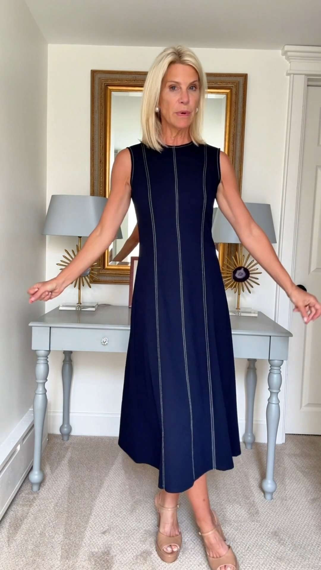 Flattering Navy Midi Dress Outfit. 

 #LTKootd #LTKSeasonal #LTKOver40