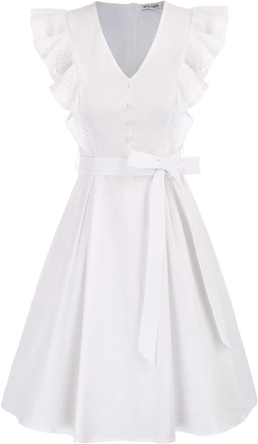 GRACE KARIN Women's Casual Summer Ruffle Cap Sleeve Cotton Dress V-Neck Button Tie Wait A-Line Mi... | Amazon (US)