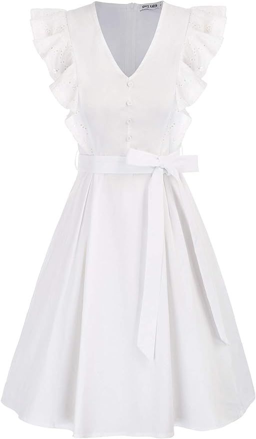GRACE KARIN Women's Casual Summer Ruffle Cap Sleeve Cotton Dress V-Neck Button Tie Wait A-Line Mi... | Amazon (US)