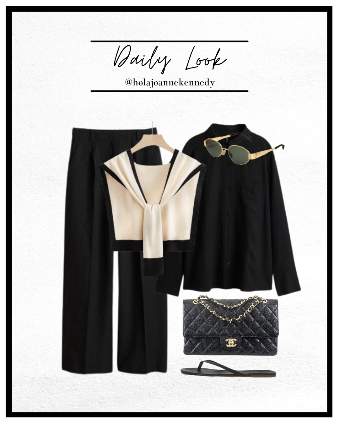 Spring workwear, chic office outfits, black and cream outfit, linen outfit idea, spring outfit inspo, French girl style, Tuesday fashion post, effortless style, neutral style, minimal chic fashion, Celine sunglasses dupe, Chanel classic flap, smart casual outfit, knitted shawl, shein, linen shirt, linen trousers, toe post sandals, black flip flops 

#LTKuk #LTKworkwear #LTKstyletip