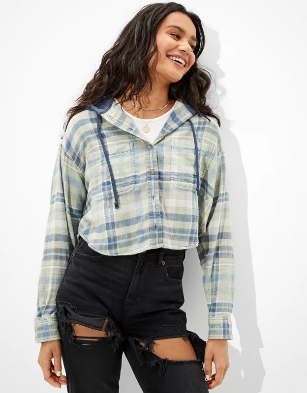 AE Plaid Hooded Cropped Flannel Shirt | American Eagle Outfitters (US & CA)
