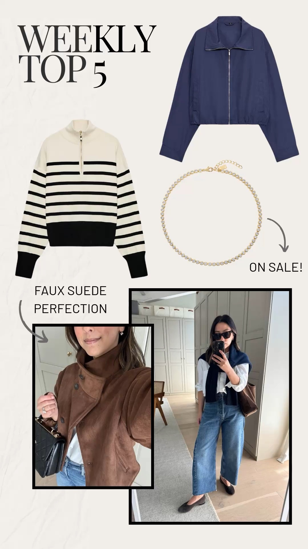 weekly bestsellers! 

Zara striped jumper medium 
Zara navy windbreaker xs
Zara faux suede jacket xs
Agolde luna jeans 25 (cut hems)
Electric Picks tennis necklace