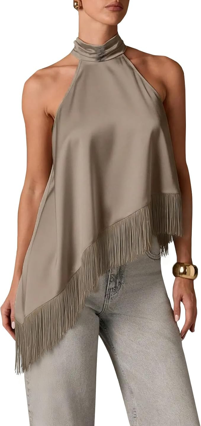 Womens Mock Neck Satin Tank Tops Sleeveless Backless Fringe Halter Top Y2k Silk Asymmetrical Tass... | Amazon (US)