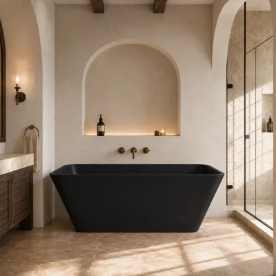 67'' Matte Black Solid Surface Freestanding Soaking Bathtub, Modern Rectangular Stone Resin Tub | Wayfair North America