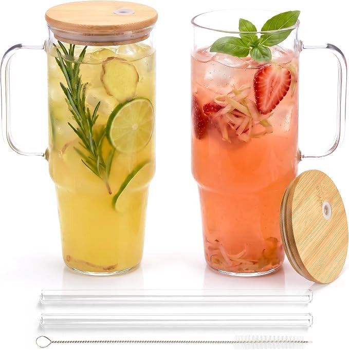 Glass Cups with Lids and Straws 40 oz Glass Tumbler with Straw and Lid 2 Pack Glass Tumbler with ... | Amazon (US)