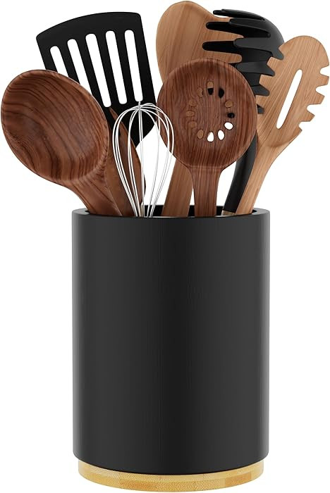 Black Utensil Holder Wood Kitchen Utensil Holder for Countertop, 360°Rotating Cooking Utensil Cr... | Amazon (US)