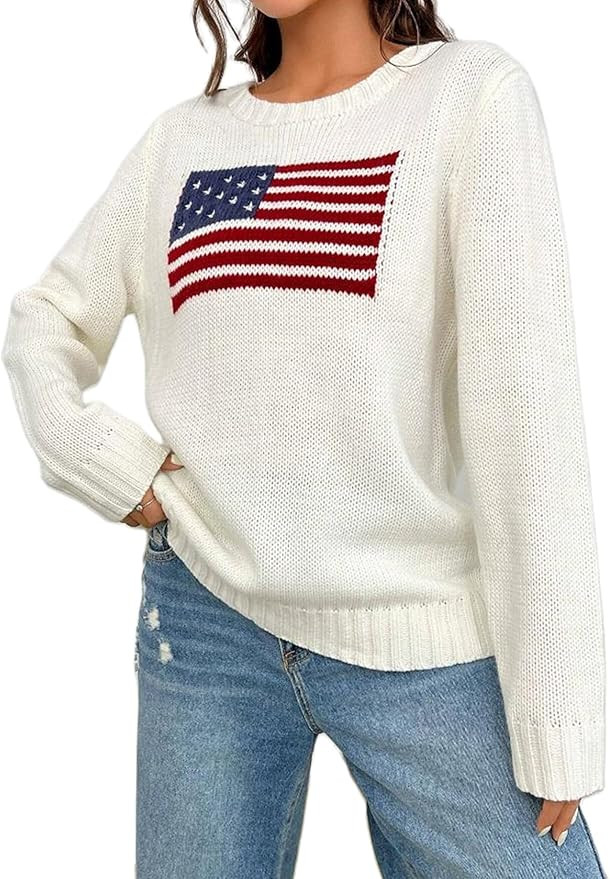 Sunloudy Women's American Flag Sweater Long Sleeve Crewneck Graphic Loose Knit Jumper 4th of July... | Amazon (US)