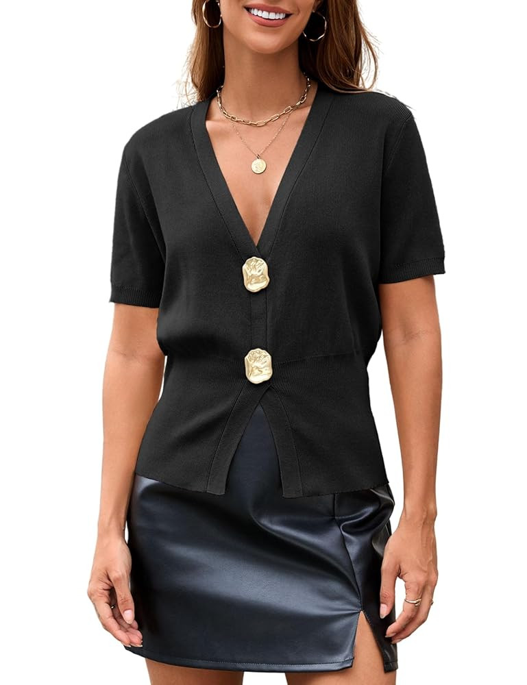 Tanming Womens Pullover Sweaters Solid Trendy Deep V Neck Button Up Waist Cinched Short Sleeve Kn... | Amazon (US)