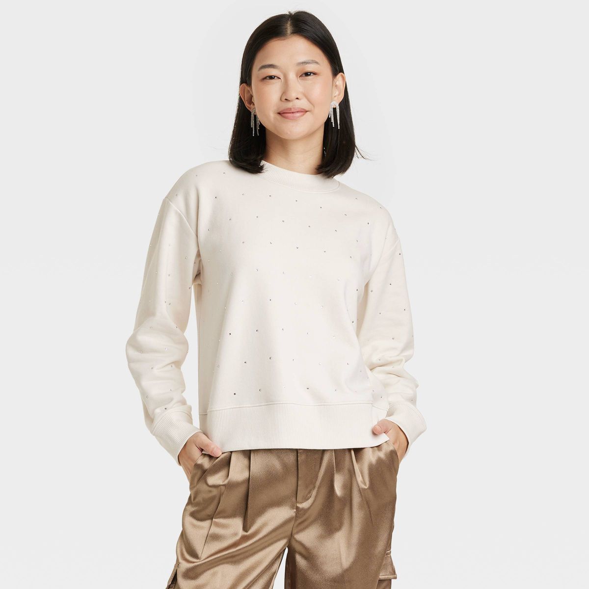 Women's Jeweled Pullover Sweatshirt - A New Day™ Cream M | Target