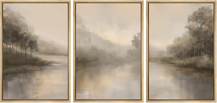 SIGNFORD Framed Canvas Print Wall Art Set Neutral River Landscape Calm Nature Forest Illustration... | Amazon (US)
