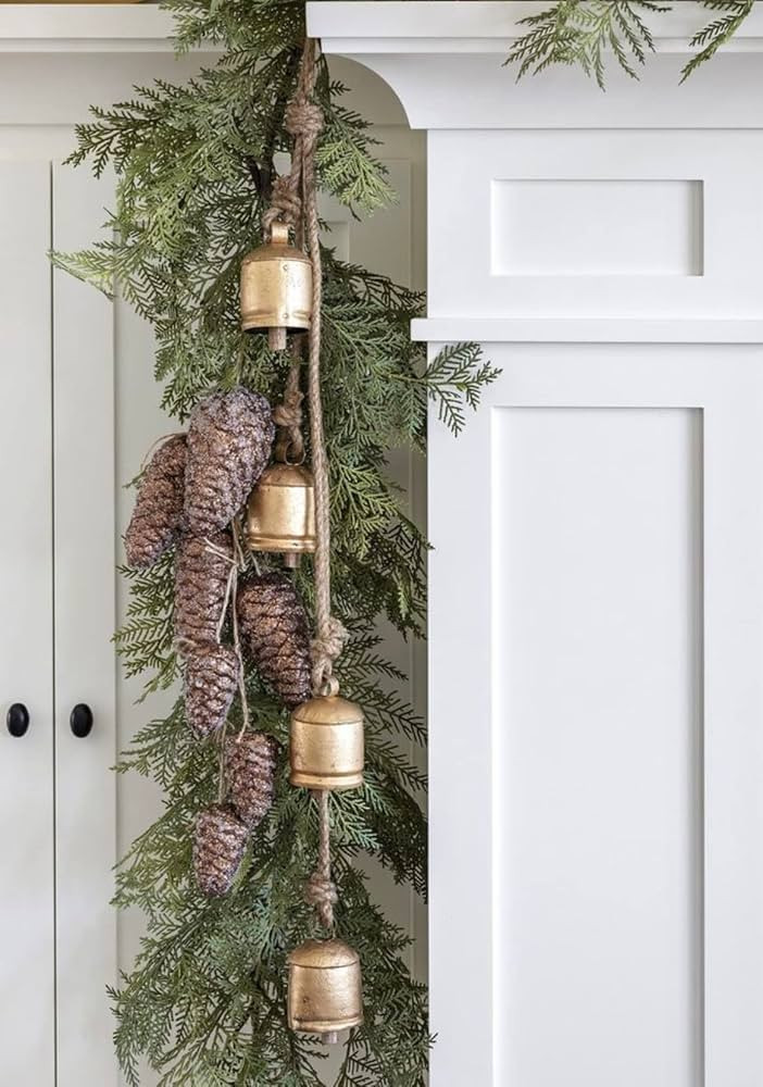 Small Vintage Rustic Lucky Tin Metal Cow Bells Handmade Christmas Décor Bells on Jute Rope | Amazon (US)