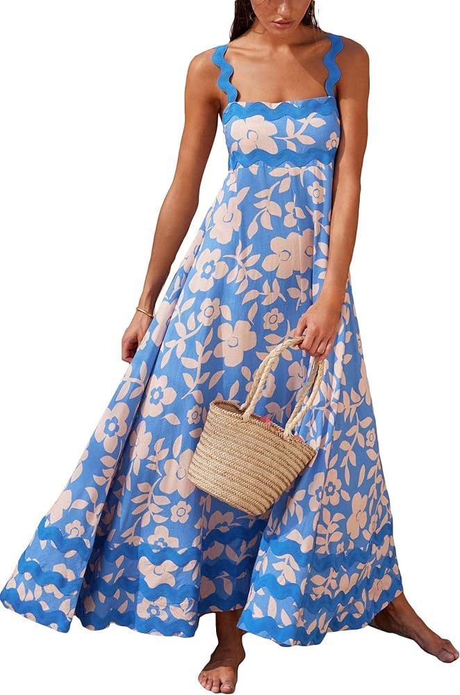 Women's Square Neck Spaghetti Strap Maxi Dress Summer Sleeveless Bohemian Print Sundress Flowy Be... | Amazon (US)